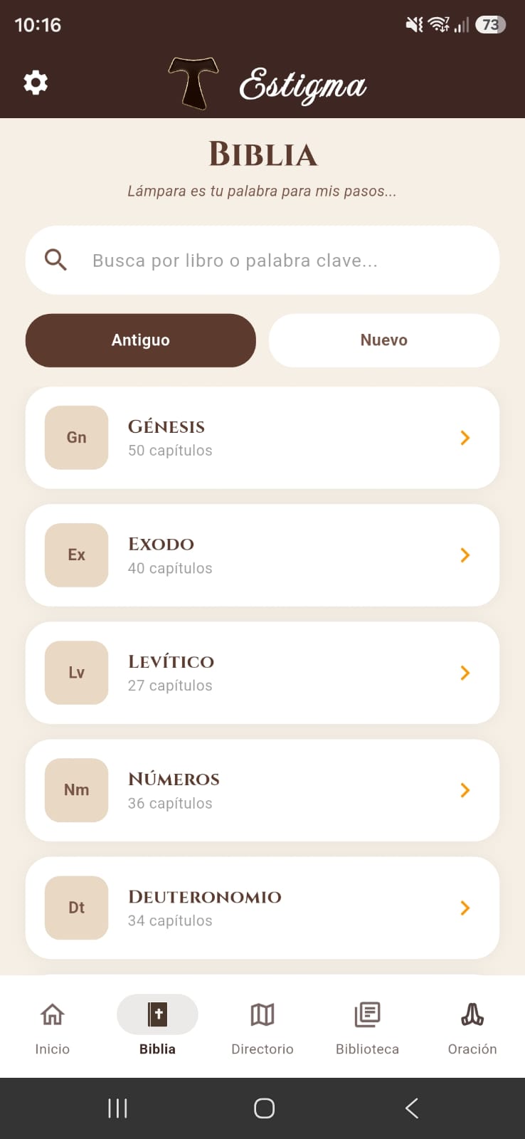 Pantalla de Biblia de Estigma en modo claro