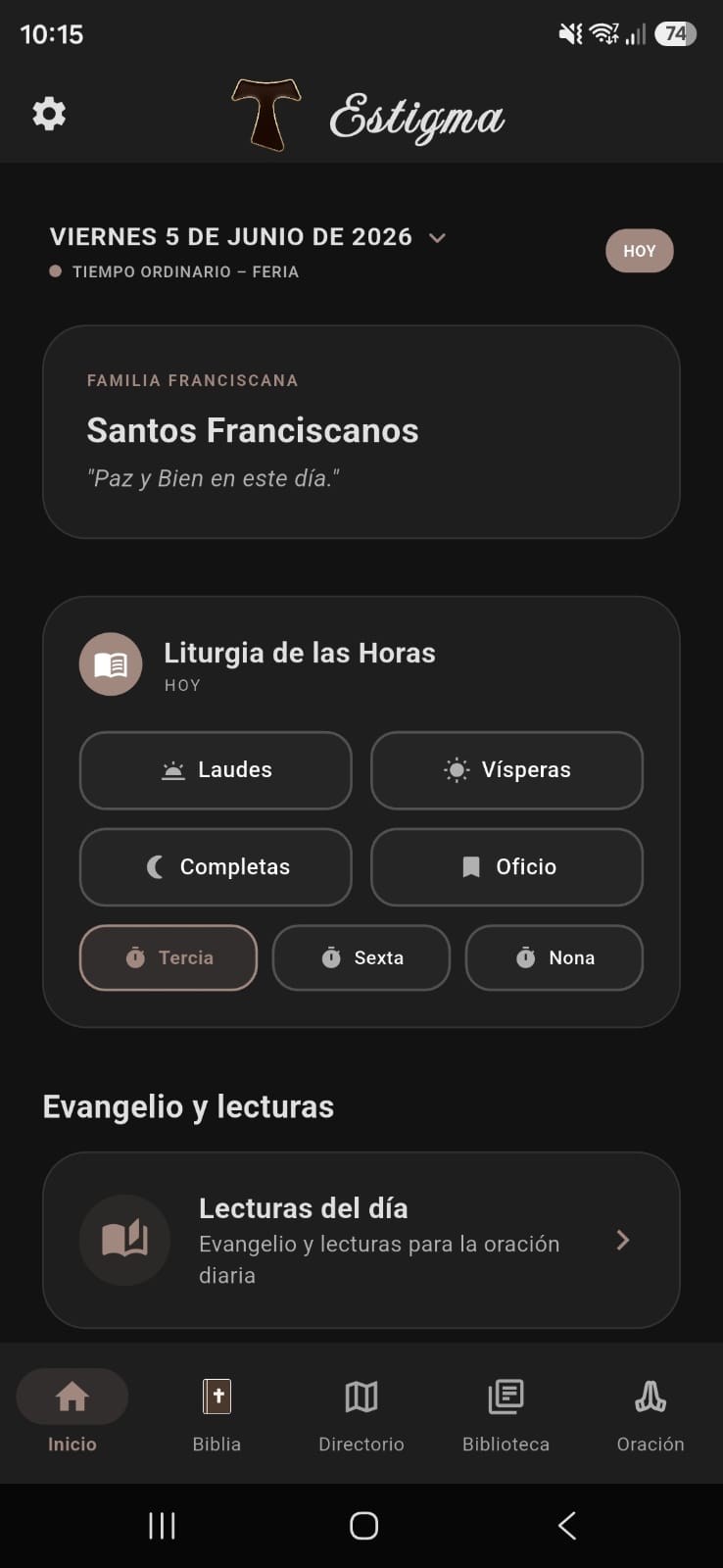 Pantalla de inicio de Estigma en modo oscuro