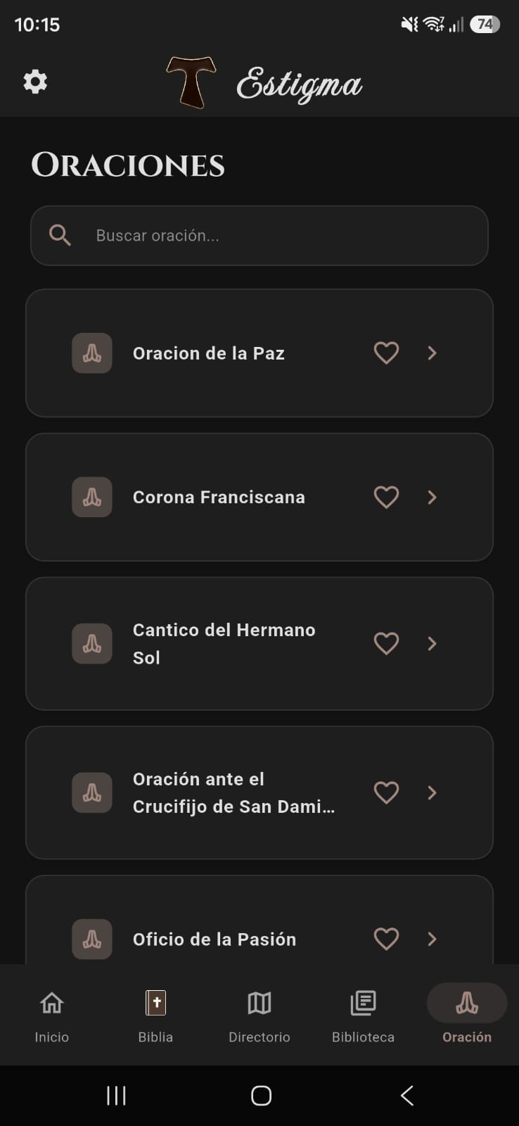 Pantalla de Oraciones de Estigma en modo oscuro